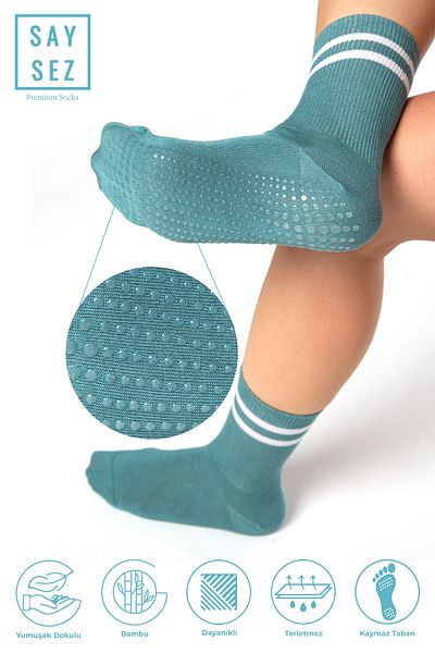 SAYSEZ Pilates Yoga Fitness Tennis Socks - Bamboo, Anti-Slip Sole, Silicone Print, Water Green