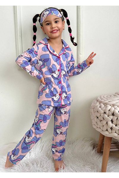 ARBİ kids Girl's Unicorn Printed Button Pajamas Set with Eye Patch Gift