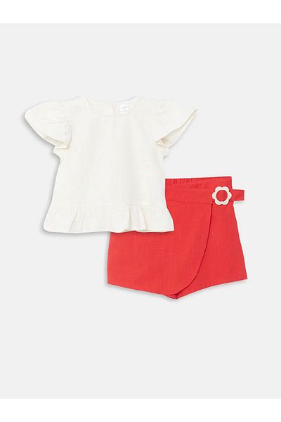 LC Waikiki Lcw Kids 100% Cotton-Linen Crew Neck Blouse and Shorts Skirt Set for Girl