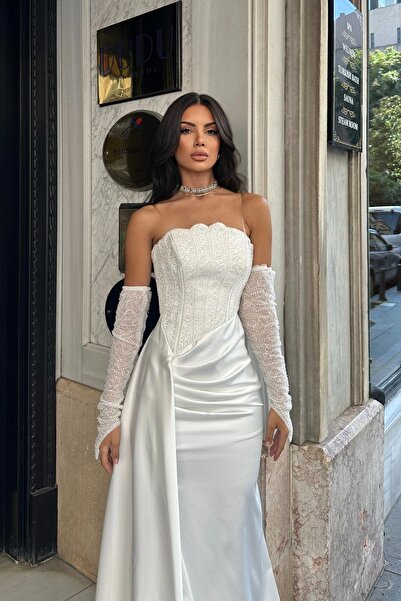 İyem Abiye Kol Ve Üst Detaylı Allerli Saten Şık Tasarım Abiye Elbise Tam Kalıp