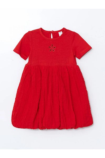 LC Waikiki Baby Red Embroidered Crinkle Drawstring Girl's Dress