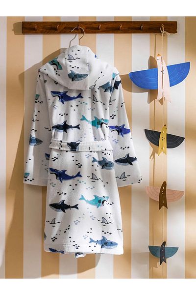 LC Waikiki Lcw Home Mixed Shark Printed Cotton Boy's Bathrobe