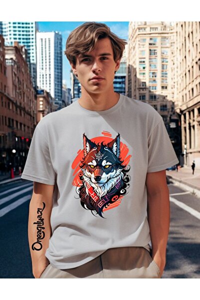 H&GHAMLEGİYİM Wolf Printed Men's Oversize T-Shirt