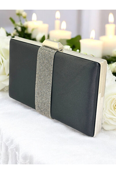 Wedding Fashion Geantă elegantă din satin negru cu detalii platinate pentru f...