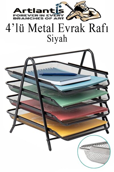 Artlantis Evrak Rafı Metal 4 lü 1 Paket Masa Üstü A4 Dosya Düzenleyici Kağıt Tepsisi Metal Fileli Dört Katlı H