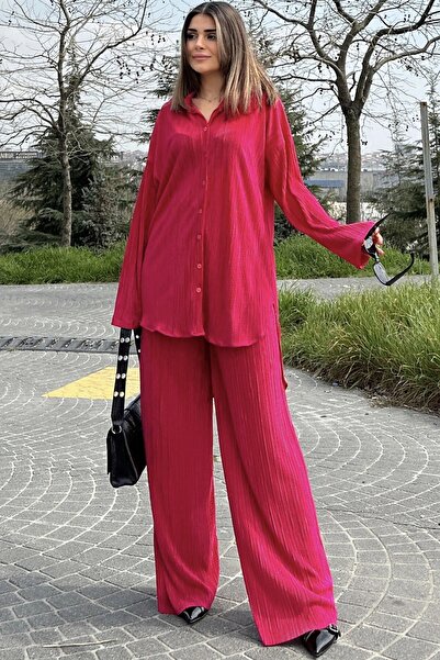 Juuuj قميص نسائي طويل باللون الفوشيا وبنطال واسع الساق مع خصر مطاطي - طقم ملف...