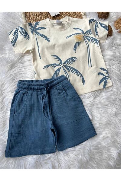 babymoon kids Palm Tree Patterned Muslin Fabric Boy's Shorts Suit