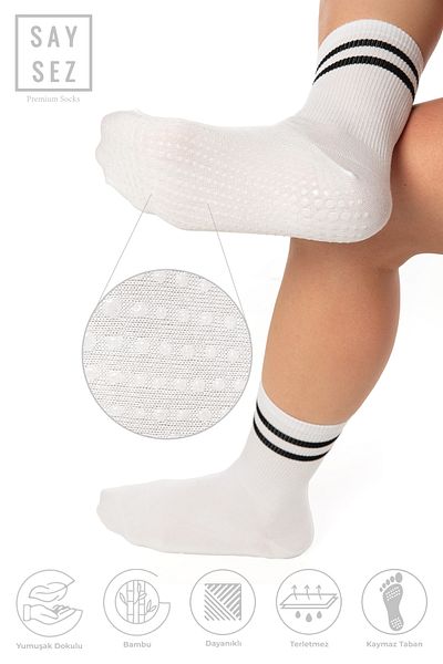 SAYSEZ Γυναικείες κάλτσες τένις Bamboo για Pilates Yoga Fitness Dance Activity - Αντιολισθητική σόλα, στάμπα σιλικόνης / ΛΕΥΚΟ