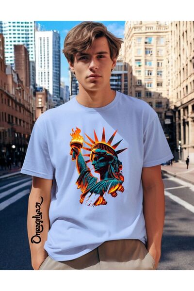 oneagılyazı Tricou oversize pentru bărbați cu imprimeu Statuia Libertății