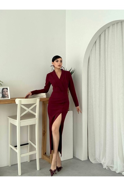 Butik Aura Mou Bordo Kruvaze Yaka Düğme Detaylı Yırtmaçlı Elbise