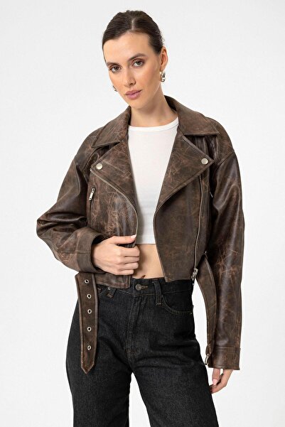 Antioch Brown Women's Faux Leather Crop Biker Jacket