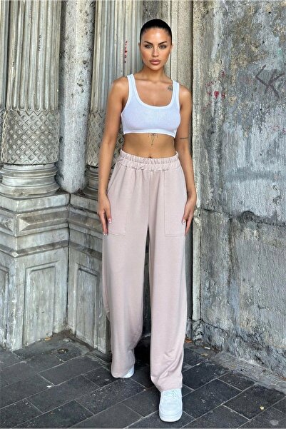 NEW LAVİVA Mink ελαστική μέση, τσέπες, φαρδιά πόδια, φαρδύ παντελόνι