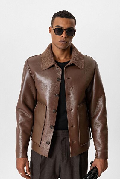 Antioch Brown Lining Detailed Faux Leather Men's Coat