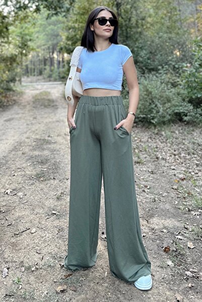 NEW LAVİVA Khaki Elastic High Waist, Pockets, Wide Leg, Loose Trousers