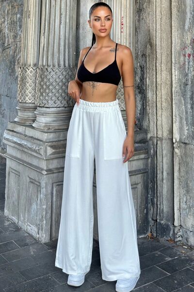 NEW LAVİVA Λευκό ελαστικό στη μέση, τσέπες, φαρδύ πόδι, φαρδύ παντελόνι