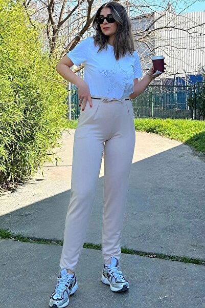 NEW LAVİVA Cream Colored Women's Trousers - Elastic Waist, Lace-up and Pleated