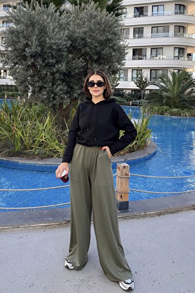 NEW LAVİVA Women's Khaki Elastic Waist, Pocket, Wide Leg, Loose Trousers