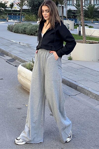 NEW LAVİVA Γυναικείο γκρι ελαστικό στη μέση, τσέπες, φαρδύ πόδι, φαρδύ παντελόνι