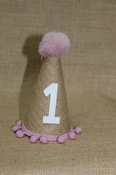 asöy Καπέλο από γιούτα 1 έτους με ροζ πομπόν - με ύφασμα σάκου για γενέθλια