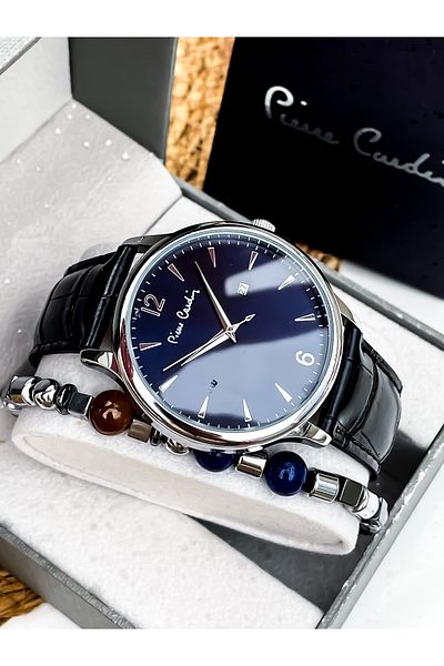Pierre Cardin New Season Black Color Leather Cord Steel Case Men's Wristwatch with Bracelet Gift Father's Day Gift