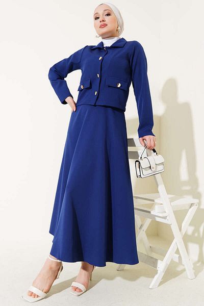Refika Butik Navy Blue Women's Double Suit - with Gold Buttons and Skirt