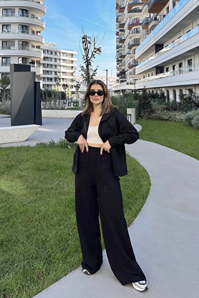 NEW LAVİVA Kadın Siyah Beli Lastikli, Cepli, Bol Paça, Salaş Pantolon