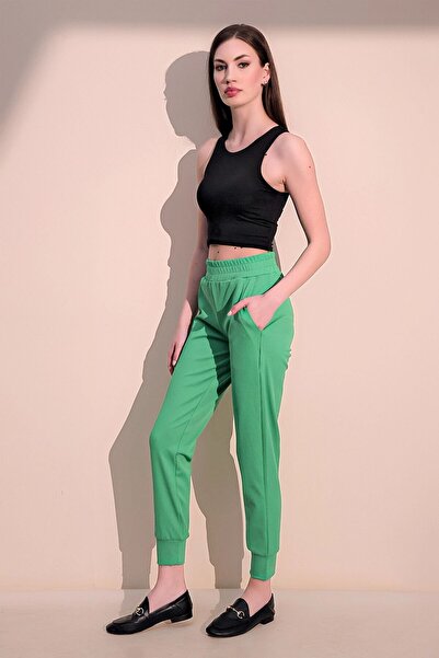NEW LAVİVA Women's Green Comfortable Textured Fabric Pocket Elastic Waist Leg Jogger Sports Trousers
