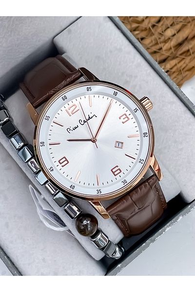 Pierre Cardin New Season Brown Leather Cord Steel Case Men's Wristwatch with Bracelet Gift Father's Day Gift
