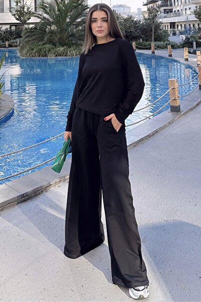 NEW LAVİVA Women's Black Round Neck Sweatshirt & Wide Leg Elastic Waist Trousers - Comfortable Bottom & Top Set