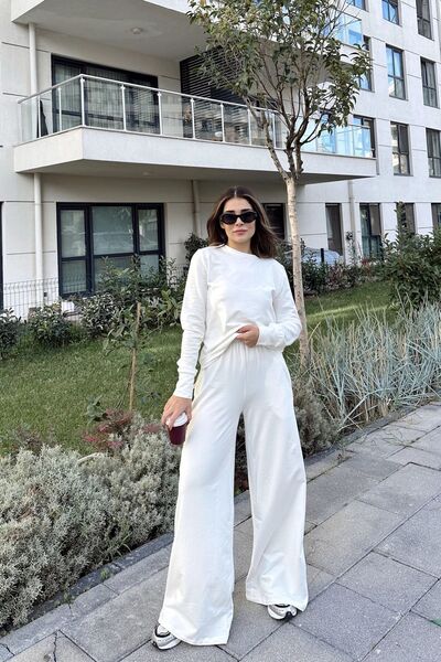 NEW LAVİVA Women's White Round Neck Sweatshirt & Wide Leg Elastic Waist Trousers - Comfortable Bottom & Top Set