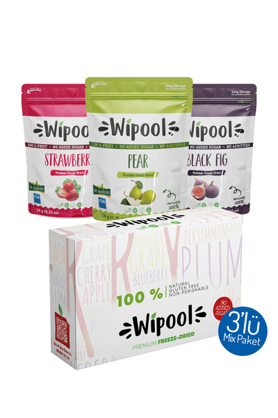 wipool organic discover the healthy life Dondurularak Kurutulmuş Freeze Dried meyve kurusu - 3'lü Fresh meyveler Çilek-Armut-siyah incir