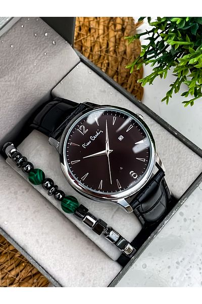 Pierre Cardin New Season Black Color Leather Cord Steel Case Men's Wristwatch with Bracelet Gift Father's Day Gift