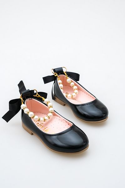 KATEYLER Shiny Black Ankle Pearl Detailed Girls' Ballerinas with Bow Ribbon