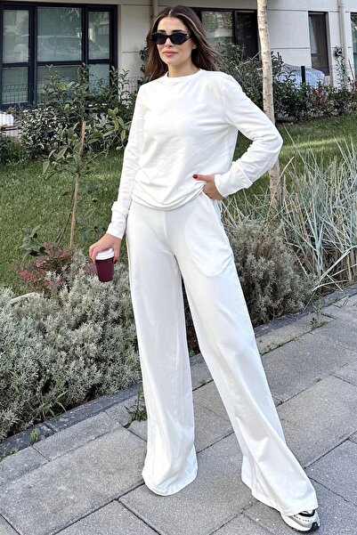 NEW LAVİVA Women's White Round Neck Sweatshirt & Wide Leg Elastic Waist Trousers - Comfortable Bottom & Top Set