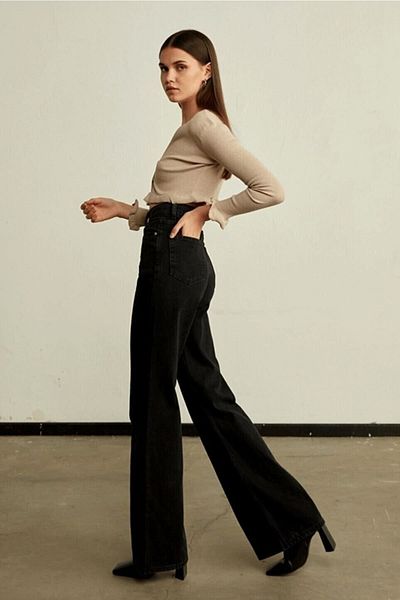 LİMABEL Milano Mystery Julia 90's Gabrielle Black Power Lycra Super High Waist Loose Jeans Palazzo (New)