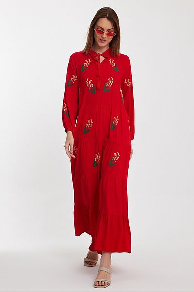 bacc Red Embroidered Long Length Women's Dress - Lace-up Collar and Layer Flounce Bcvl-24926