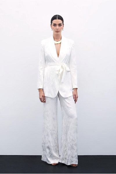 Sateen Ecru Jacquard Wide Leg Trousers