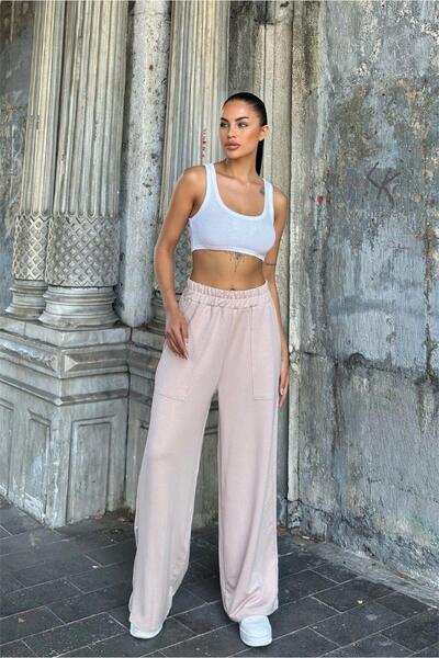 NEW LAVİVA Mink ελαστική μέση, τσέπες, φαρδιά πόδια, φαρδύ παντελόνι