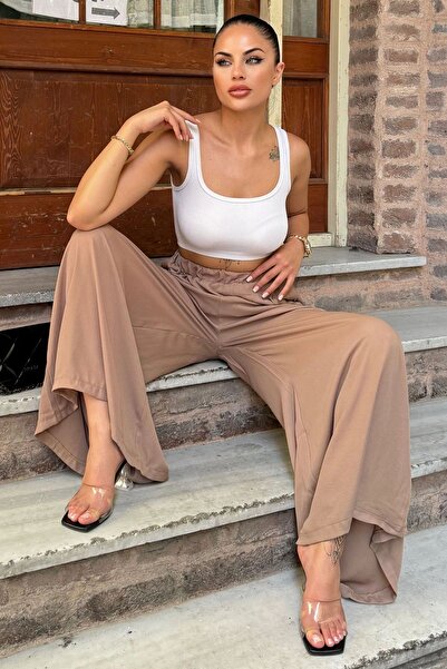 Juuuj Γυναικείο παντελόνι από κρεπ με ελαστική μέση, τσέπες, φαρδιά πόδια, χα...