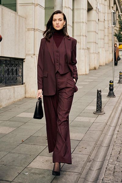 Antioch Burgundy Women's High Waist Striped Trousers