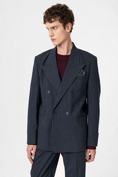 Antioch Navy Blue Casual Double Breasted Striped Men's Blazer Jacket