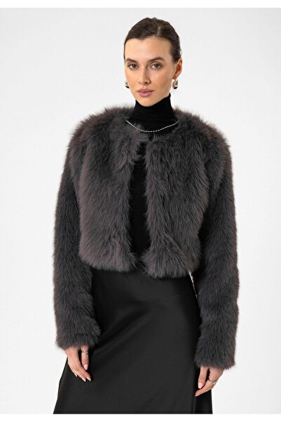 Antioch Gray Women's Faux Fur Crop Jacket