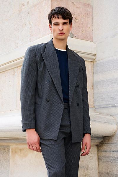 Antioch Anthracite Casual Double Breasted Striped Men's Blazer Jacket