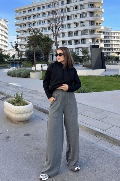 NEW LAVİVA Women's Anthracite Elastic Waist, Pocket, Wide Leg, Loose Trousers