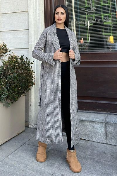 NEW LAVİVA Двуредна яка от норка, двойни джобове, колан на талията, дълго палто от кашмир с рибена кост (без подплата)