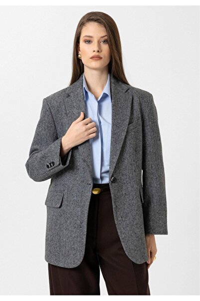 Antioch Siyah Kadın Relax Fit Balıksırtı Desenli Blazer Ceket