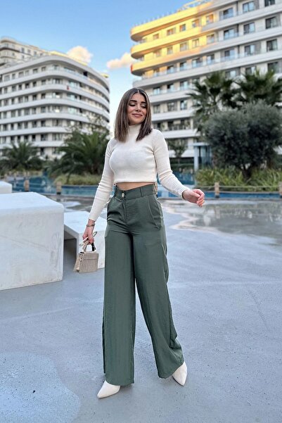 Juuuj Kadın Haki Yüksek Bel, Cepli, Bol Paça Pantolon