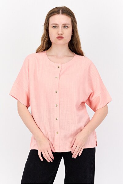 H by Halston Women Round Neck Elbow Sleeve Solid Shirts, Pink