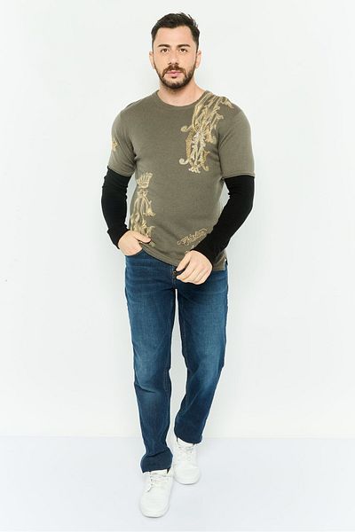 Christian Audigier Men Embellished Knitted Long Sleeves Sweater, Grey