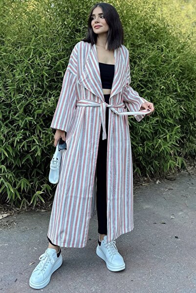 Juuuj Γυναικείο ροζ & εκρού ριγέ διπλό γιακά, ζώνη, χαλαρή εφαρμογή, σκίσιμο,...